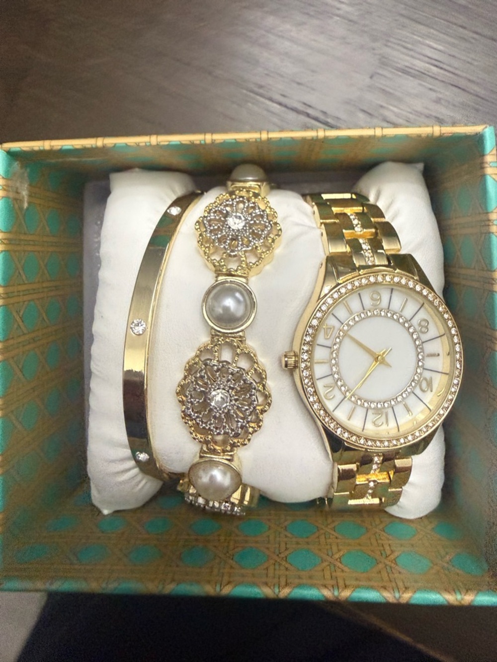 Gold Crystal Accent Women's Watch and Bracelet Set - Picture 2 of 4